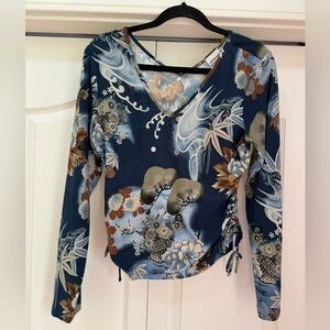 PELICAN COVE | Y2K Japanese Pattern Side Ruched Shirt